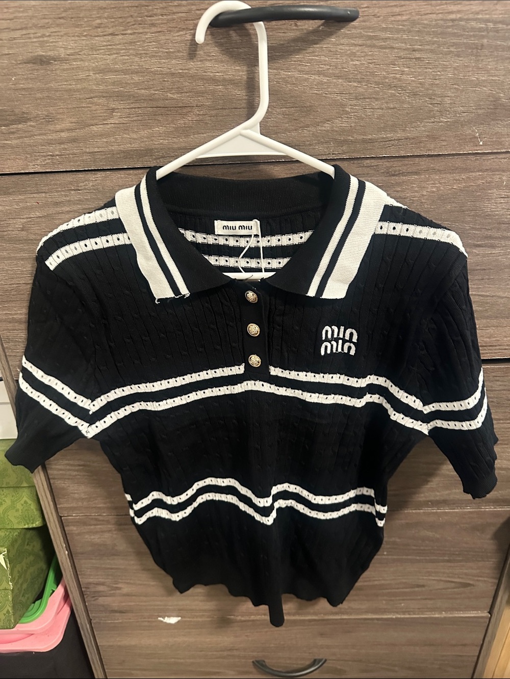 Black and White Striped Knit Polo Sweater size S